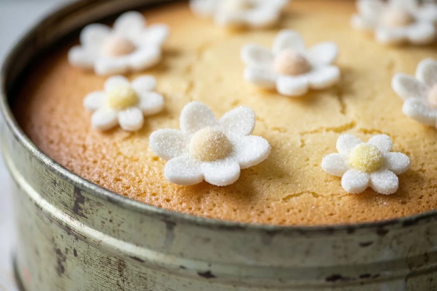 Een goudkleurige biscuitcake met fijne witte suikerbloemen is van dichtbij te zien in een verweerd metalen blik.