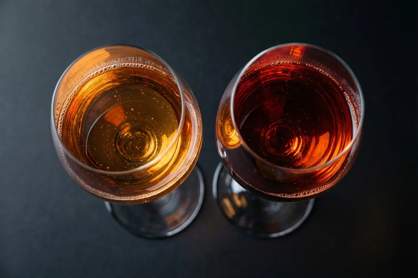 Twee champagnecoupes met goudkleurige en amberkleurige vloeistof staan naast elkaar op een donker oppervlak, van bovenaf gezien in gouden en dieprode tinten.