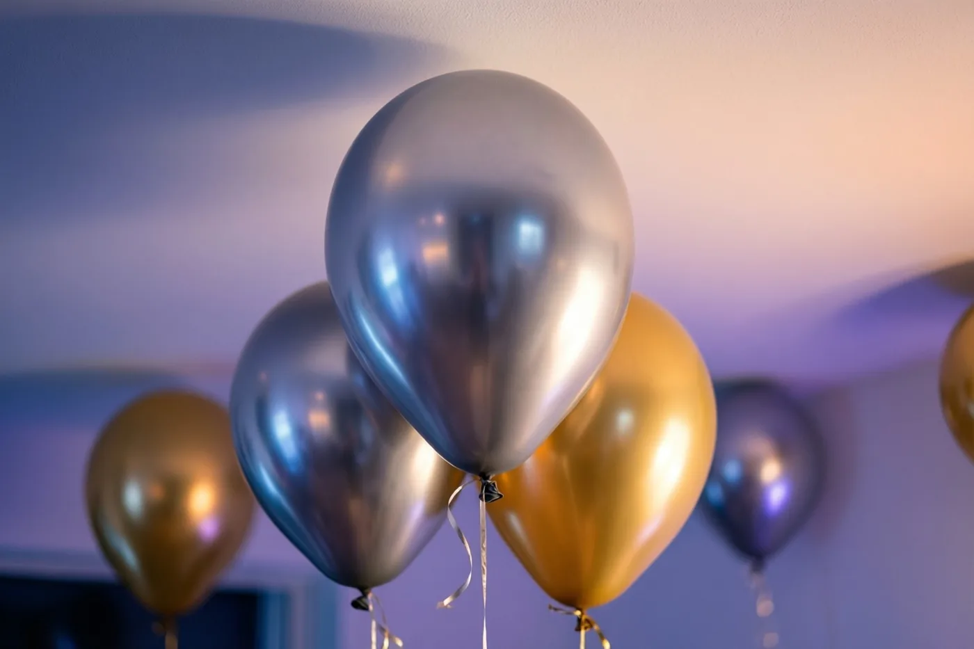 Goudkleurige en zilverkleurige metallic ballonnen zweven bij zacht licht tegen een wit plafond.