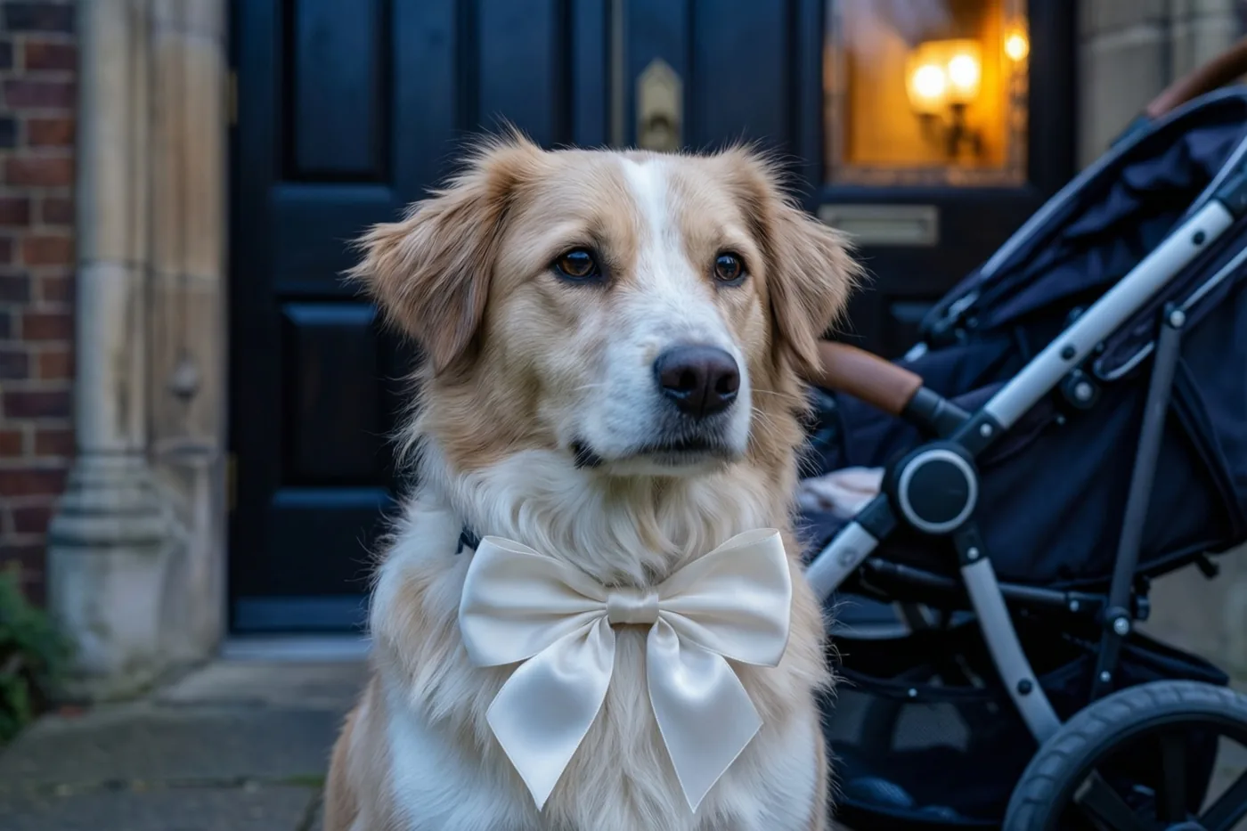 Een goudkleurige hond met een grote witte satijnen strik zit voor een donkere houten deur met een warm verlicht raam, naast een zwarte buggy, een bakstenen muur en een stenen pilaar.