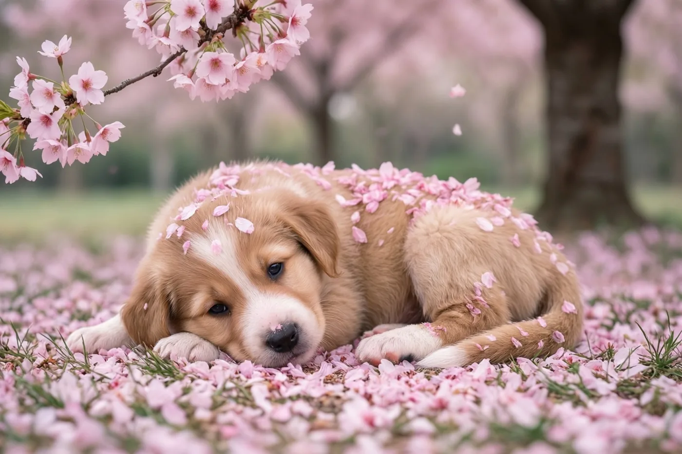 Een goudkleurige pup ligt op roze kersenbloemblaadjes onder een boom, met een bloesemtak boven zich en zachte roze en groene tinten rondom.