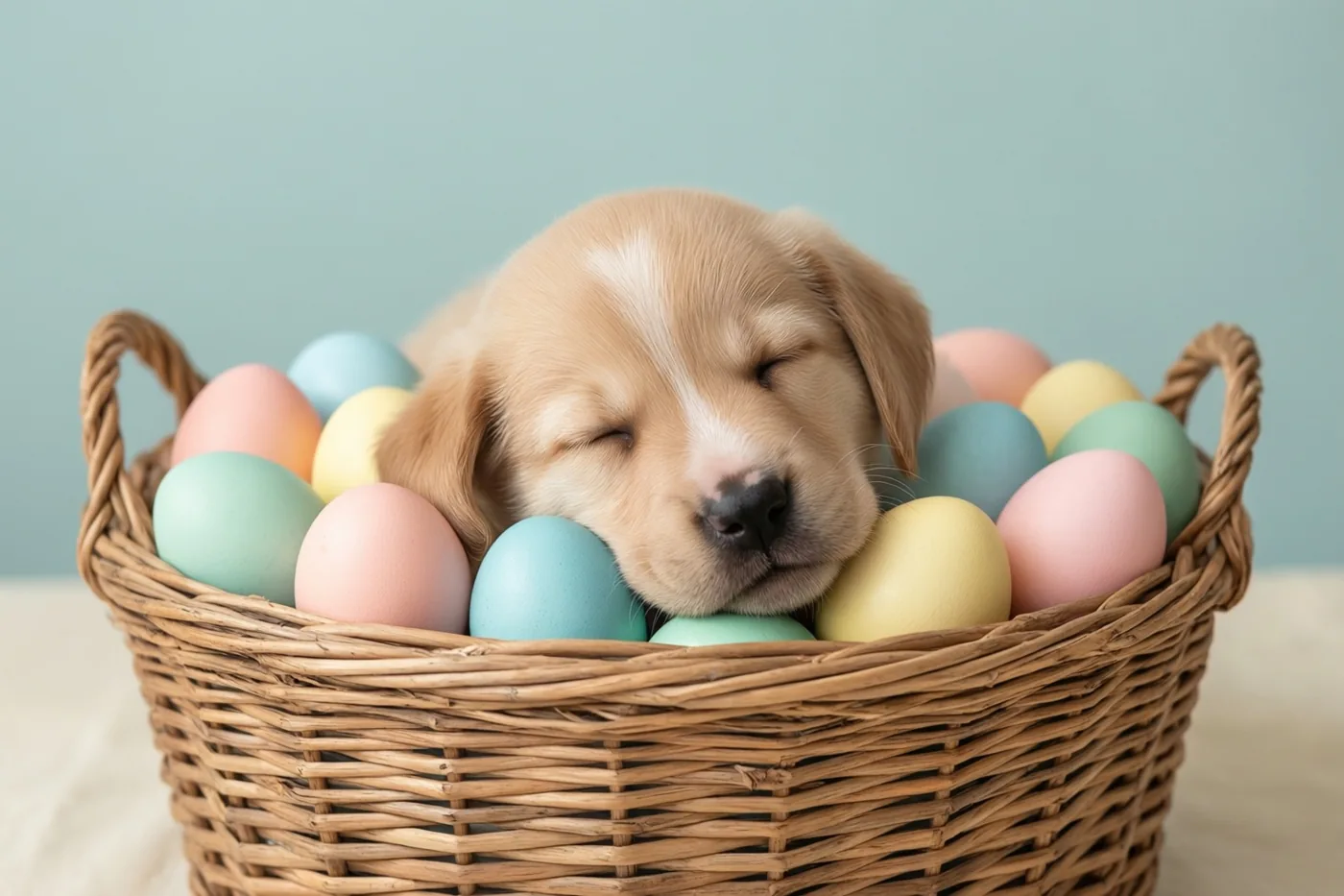 Een slapende goudkleurige puppy laat zijn kop rusten op een mand met pastelkleurige paaseieren tegen een zachtblauwe achtergrond in warm licht.