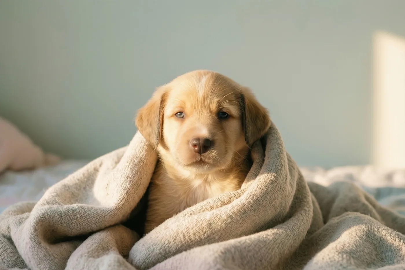 Een kleine goudkleurige puppy kijkt naar de camera vanuit een beige deken met structuur, terwijl ochtendzon zijn snoet verlicht tegen een zachte achtergrond binnenshuis.