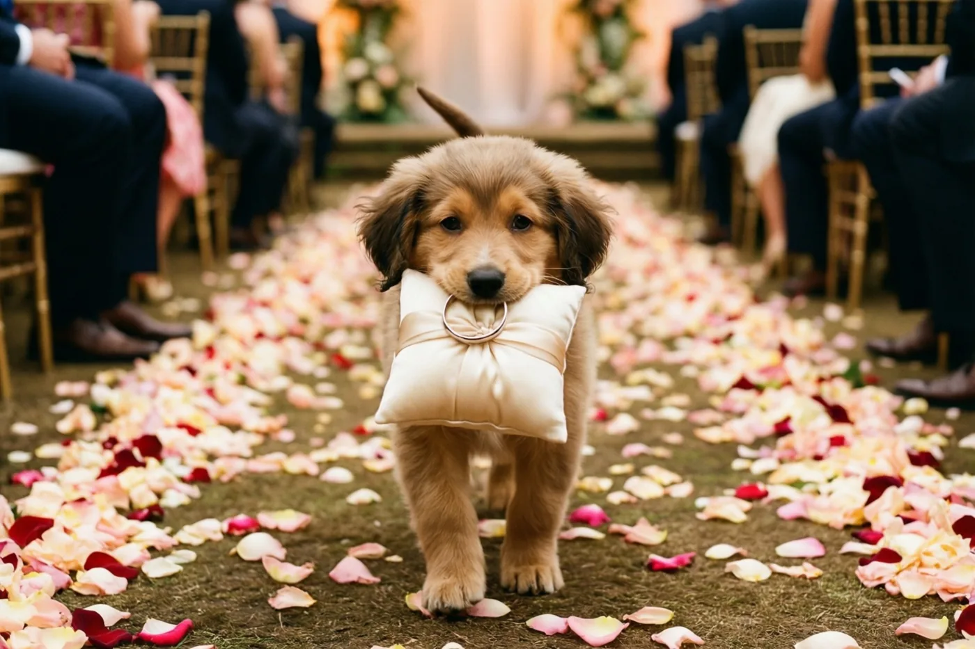 Een goudkleurige puppy draagt een crèmekleurig ringkussen in zijn bek over een grasgangpad met roze en rode rozenblaadjes, met bruiloftsgasten op de achtergrond.