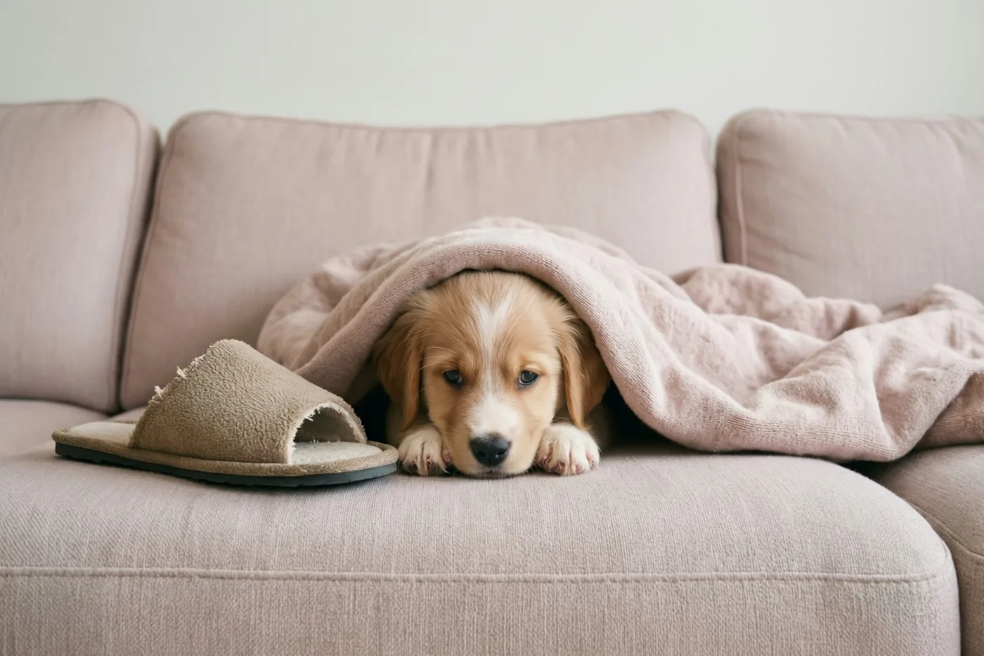 Een kleine goudkleurige puppy kijkt van onder een zachte roze deken op een beige zetel, met een aangeknaagde pantoffel naast zich in zacht licht.
