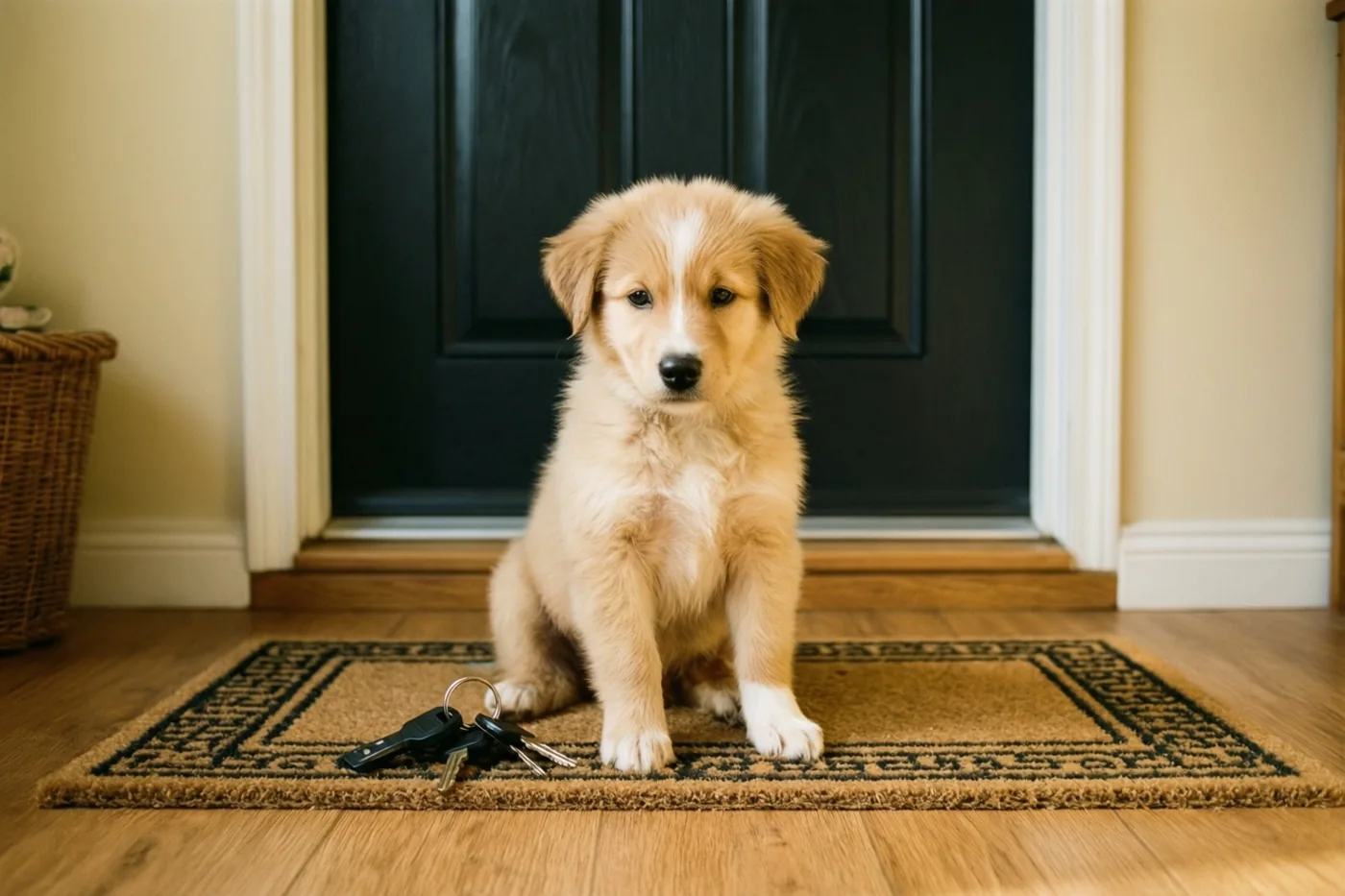 Een pluizige goudkleurige puppy zit op een bruine deurmat voor een donkere voordeur, met beige muren en een houten vloer in warm licht.
