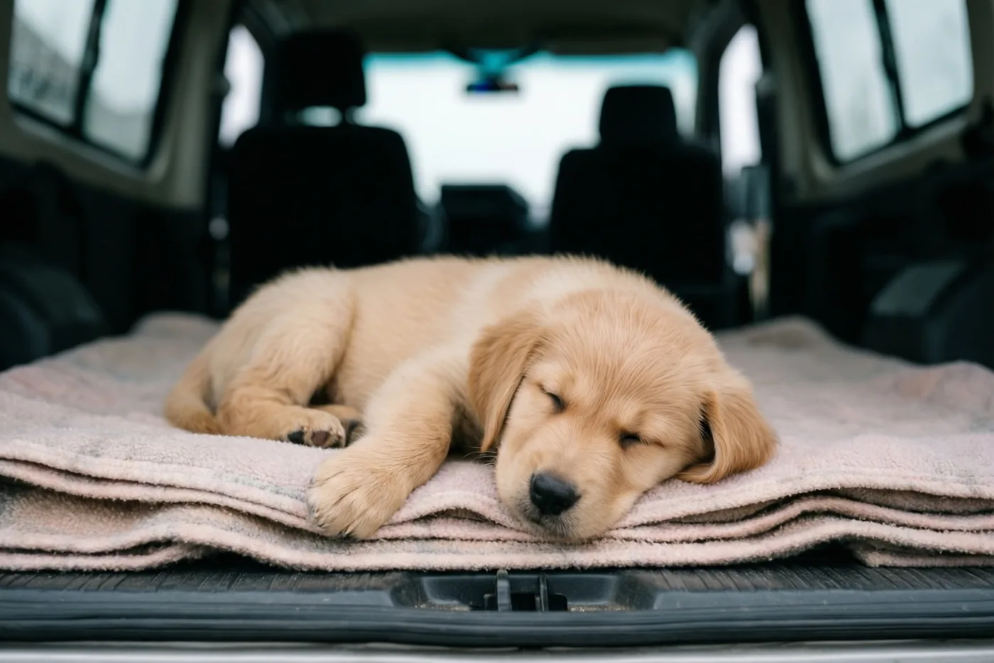 Een kleine goudkleurige puppy slaapt op een opgevouwen roze deken achter in een open bestelwagen, in zacht licht met een onscherpe achtergrond.