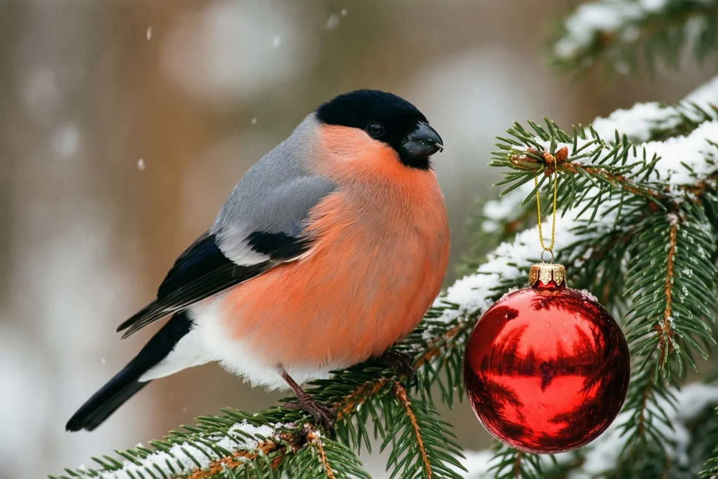 Een goudvink met een zwarte kop, grijze rug en oranjerode borst zit op een besneeuwde dennentak met een glanzende rode glazen kerstbal die het winterlandschap weerspiegelt.