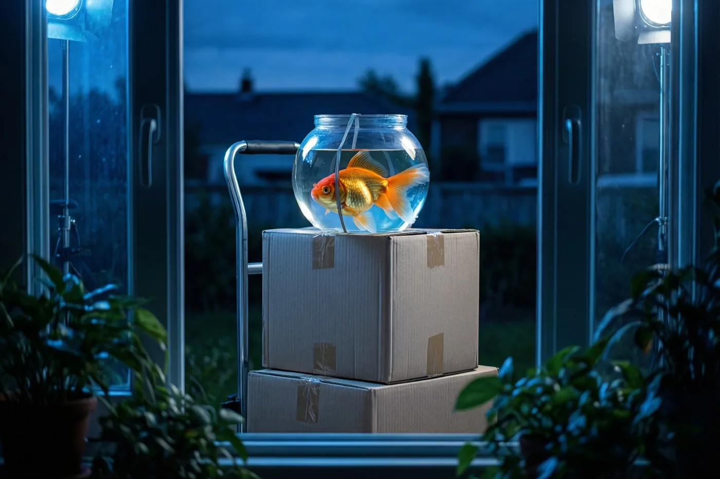 Een kom met een oranje goudvis staat boven op gestapelde verhuisdozen en is vastgemaakt aan een steekwagen, binnen bij een raam in blauw schemerlicht.