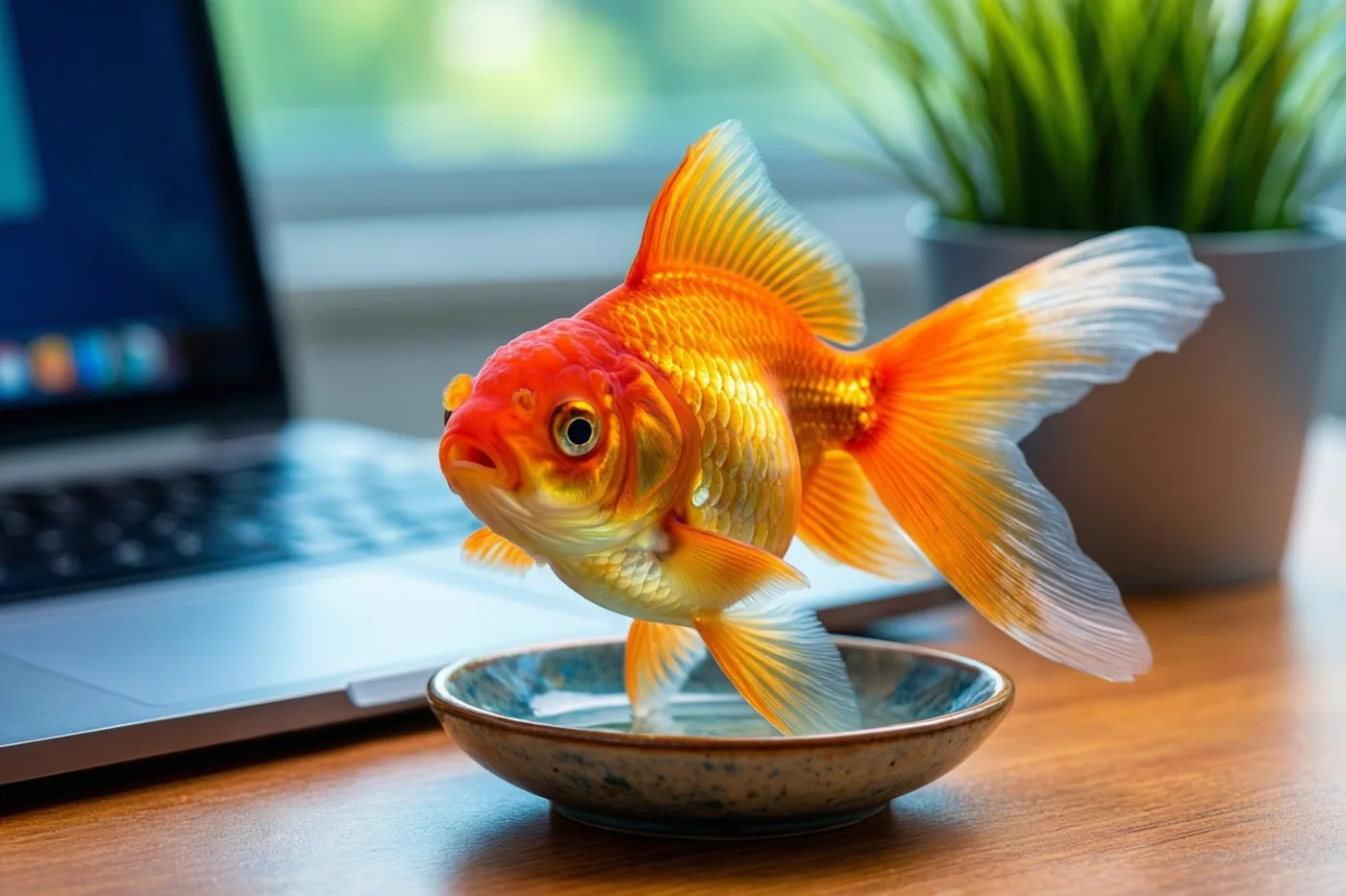 Een oranje-witte goudvis zwemt in een kleine keramieken kom op een houten bureau, met een laptop en een plant op de achtergrond.