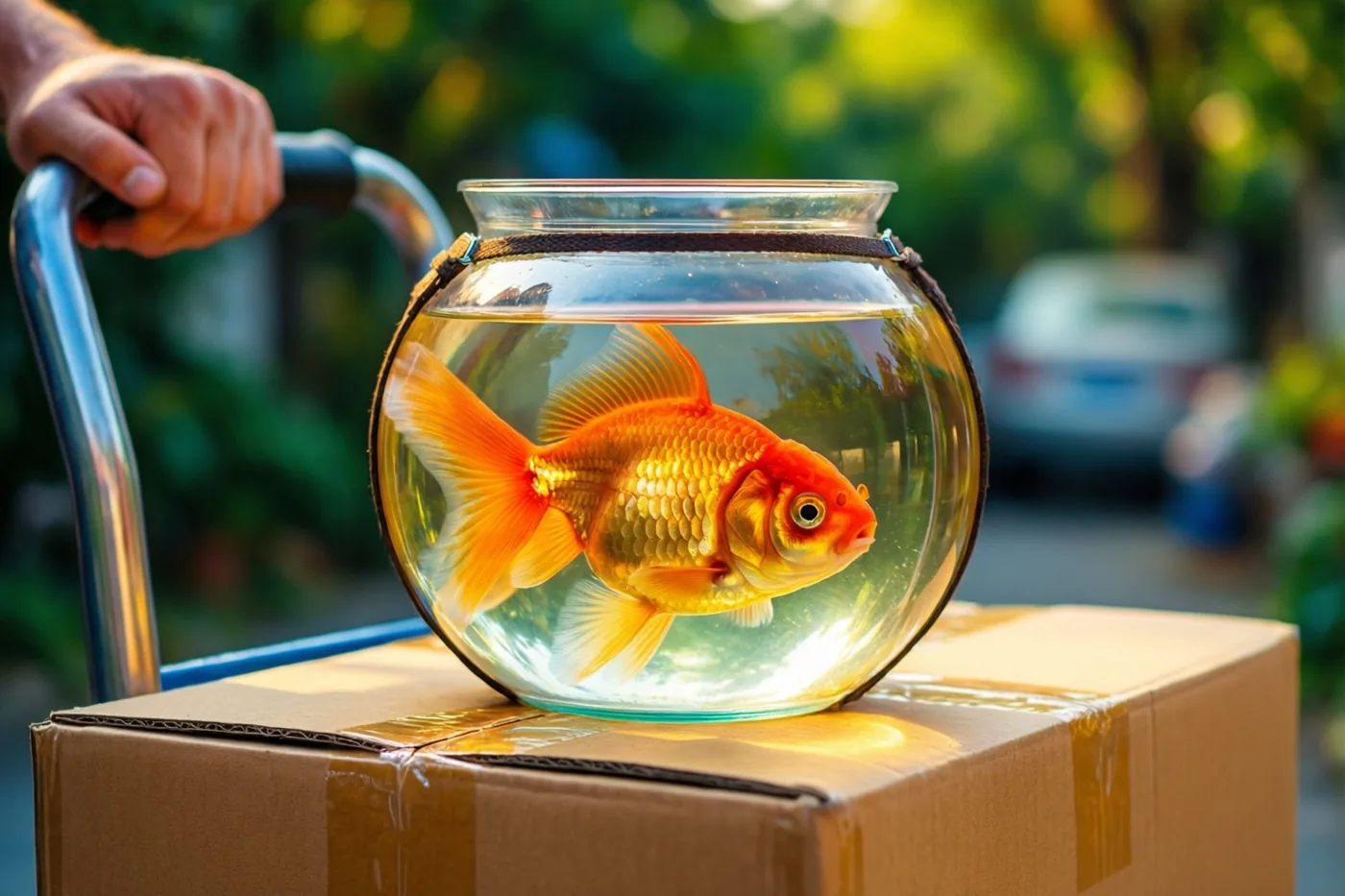 Een feloranje goudvis zwemt in een ronde glazen kom die aan een steekwagen is vastgemaakt, met een kartonnen verhuisdoos eronder, buiten in de zon tegen een wazige groene achtergrond.