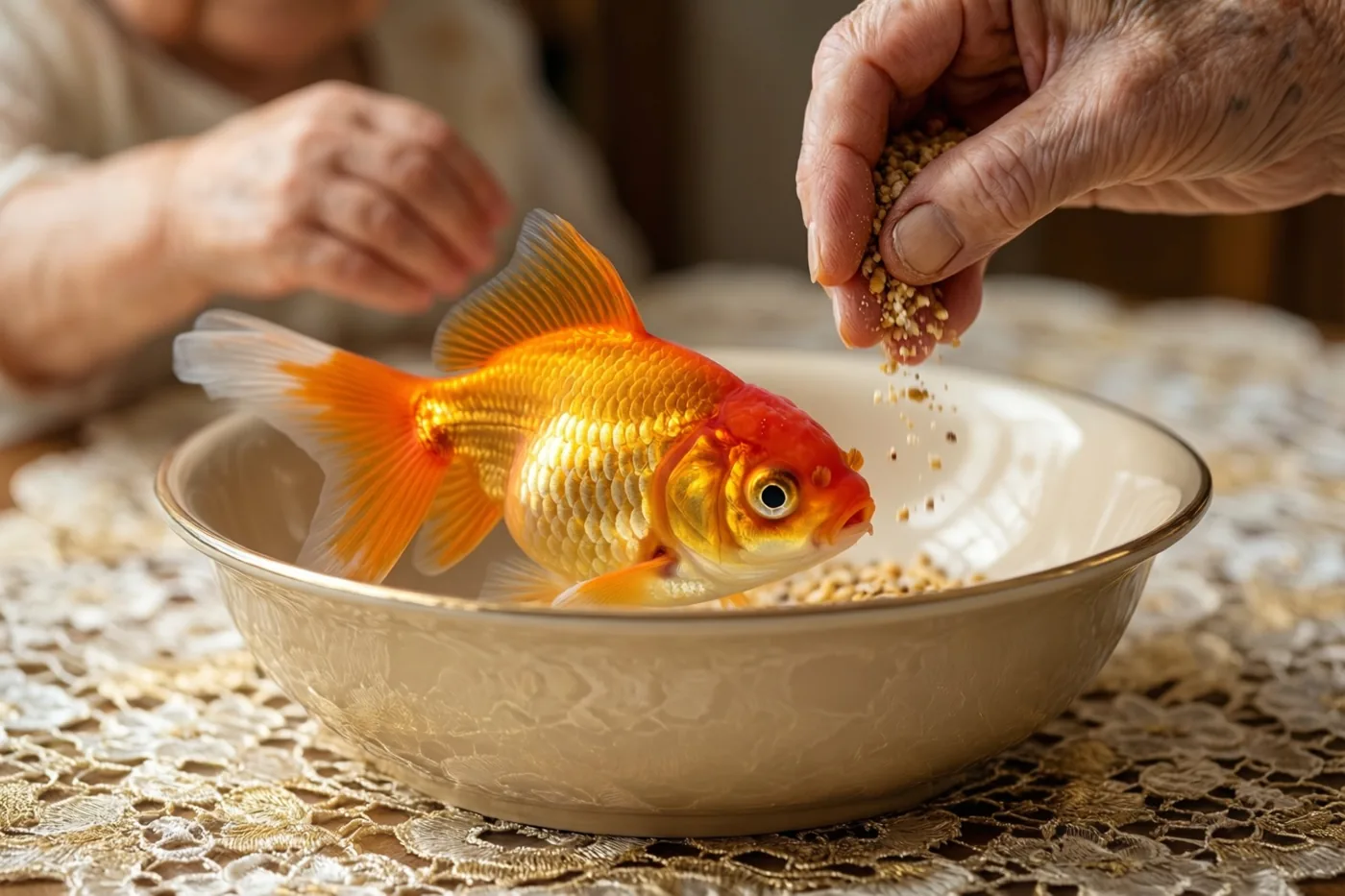 Een feloranje goudvis zwemt in een witte keramieken kom op een tafel met een kanten kleed terwijl een oude hand voer in het water strooit.