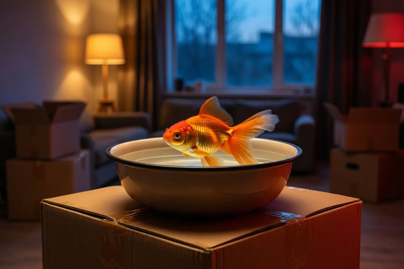 Een goudvis zwemt in een ronde witte kom op verhuisdozen in een lege kamer met warm lamplicht en koel blauw licht uit een raam.