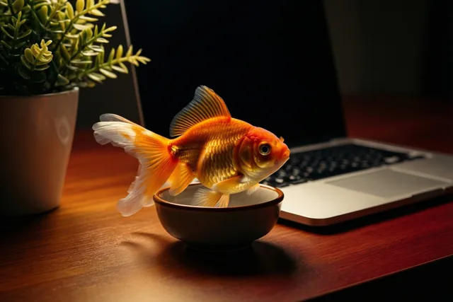 Een goudvis zwemt in een kleine keramieken kom op een houten bureau naast een laptop en een plant in een pot, in warm licht.