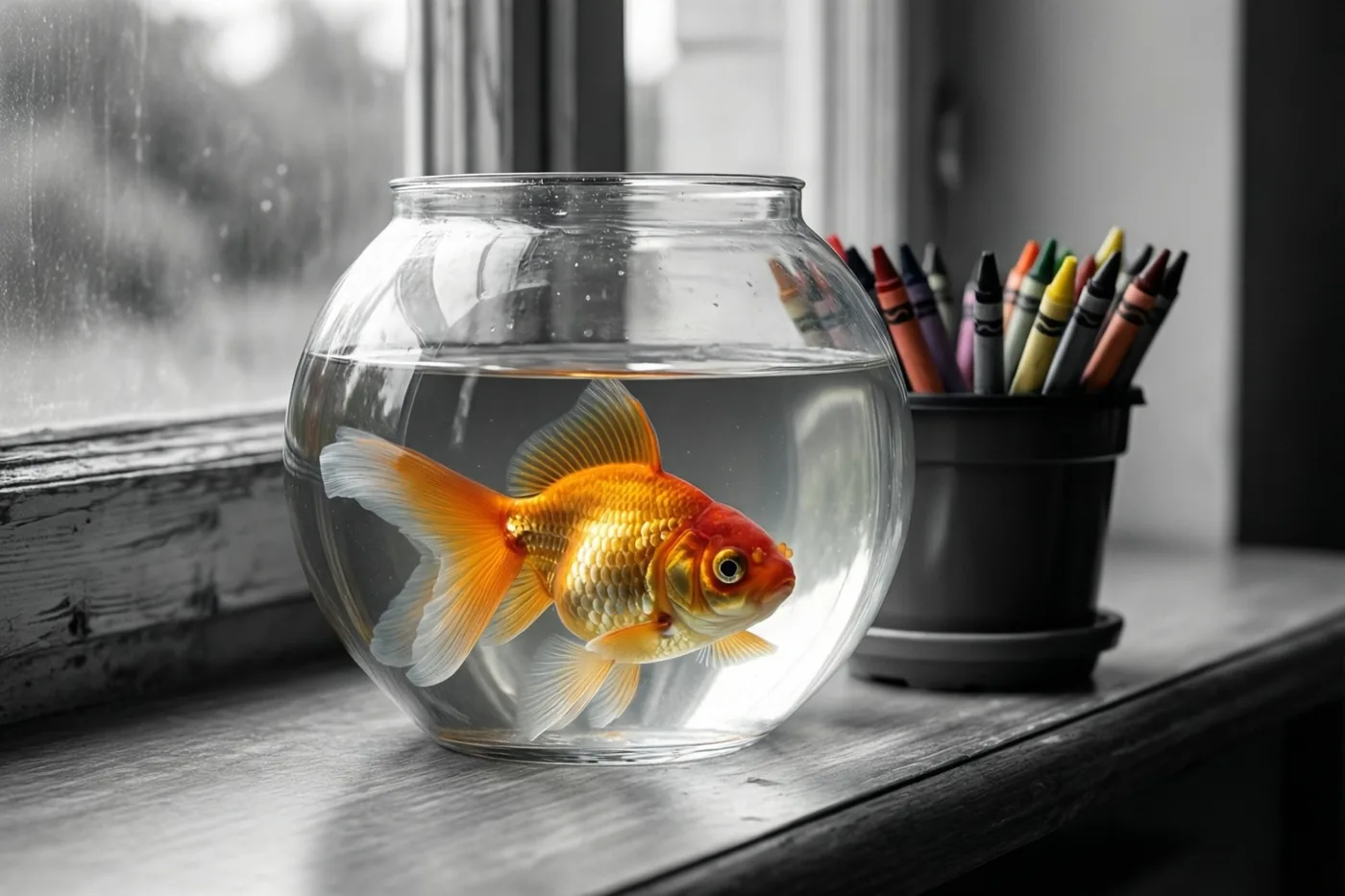 Een goudvis zwemt in een doorzichtige glazen kom op een houten vensterbank naast een zwarte pot met kleurrijke waskrijtjes, in zacht daglicht.