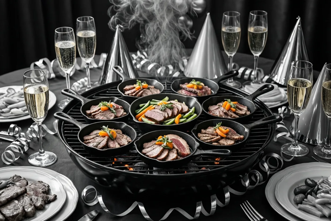 Een tafelgrill met kleine gietijzeren pannetjes met vlees en groenten staat tussen champagneglazen en zilveren feesthoedjes op een zwart tafelkleed.