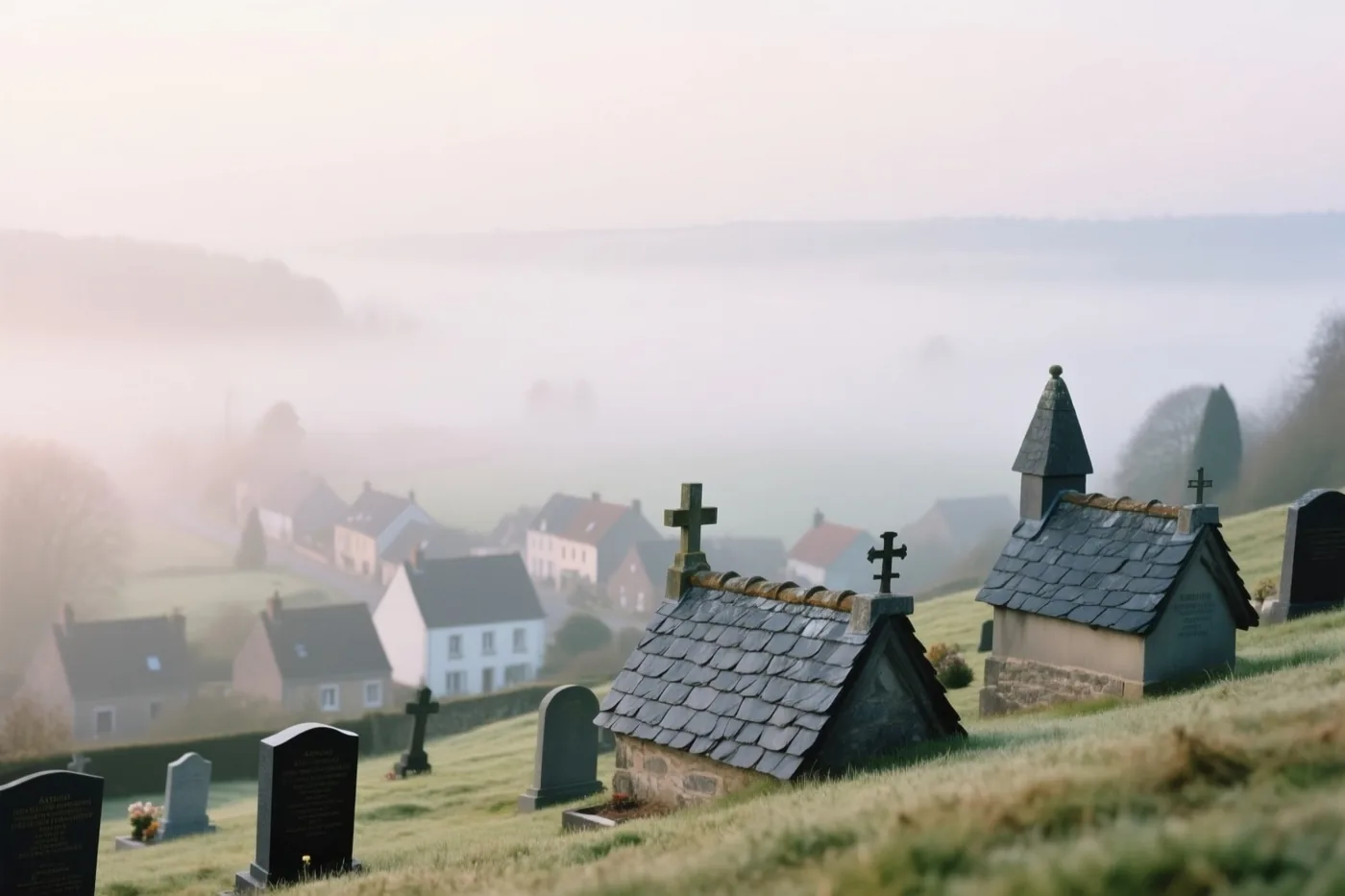 Een kerkhof op een helling met graftombes met leien daken kijkt uit over een dorp in ochtendmist, in ingetogen groene, grijze en pasteltinten.