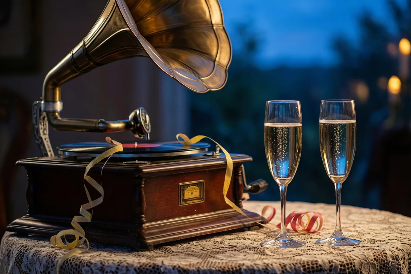 Een antieke grammofoon met een messing hoorn en gele en rode serpentines staat op een tafel met een kanten kleed, naast twee champagneglazen met schuimwijn en tegen een schemerblauwe buitenachtergrond.