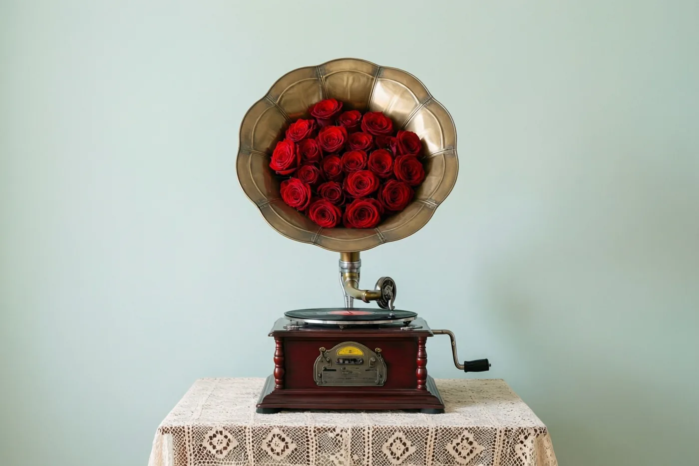 Een oude messing grammofoon met rode rozen in de hoorn staat op een met kant bedekte tafel tegen een lichtgroene muur.