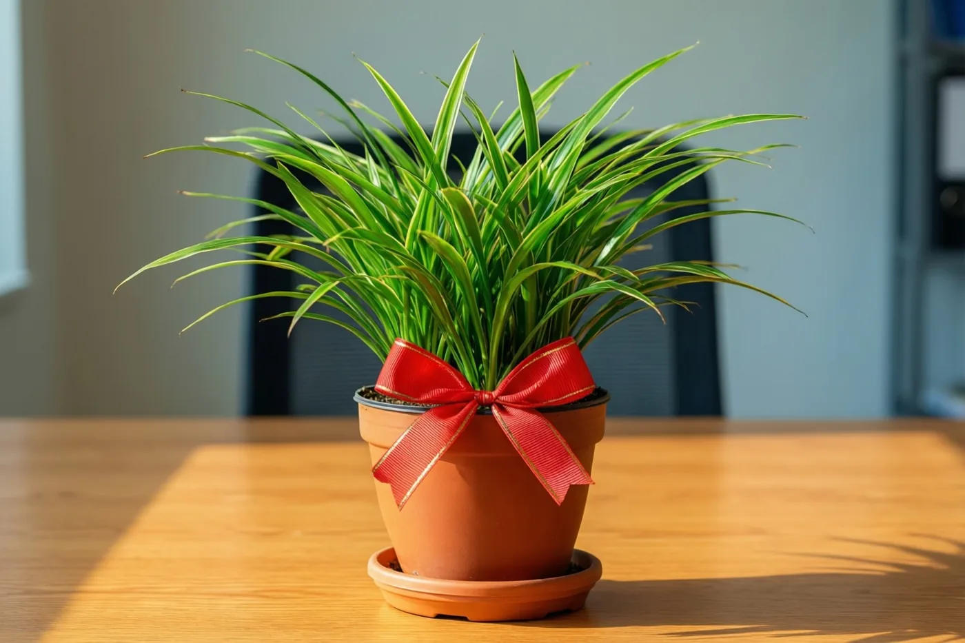 Een graslelie met een rood lint staat op een houten bureau in het zonlicht, met een bureaustoel en muur onscherp op de achtergrond.