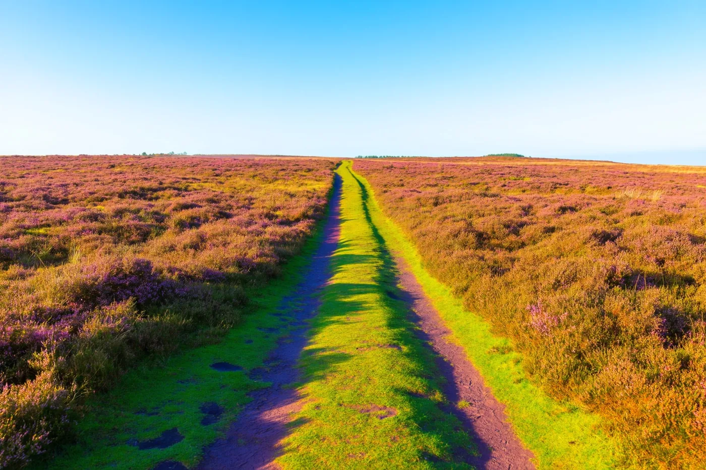 Een met gras begroeid voetpad loopt door een uitgestrekt landschap met paarse heide onder een helderblauwe hemel.