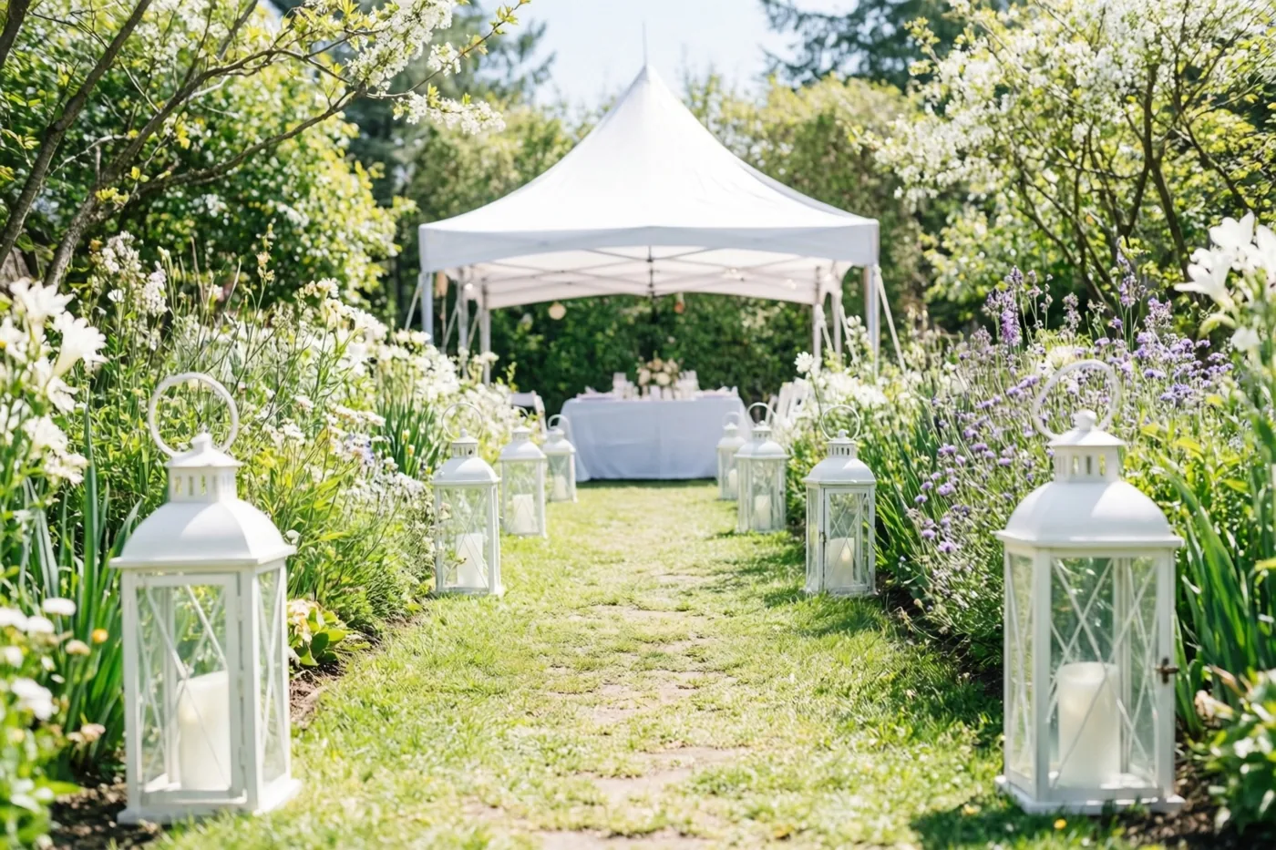 Een graspad met witte lantaarns en bloeiende lentebloemen leidt door een zonnige, groene tuin met witte bloesems naar een witte feesttent.
