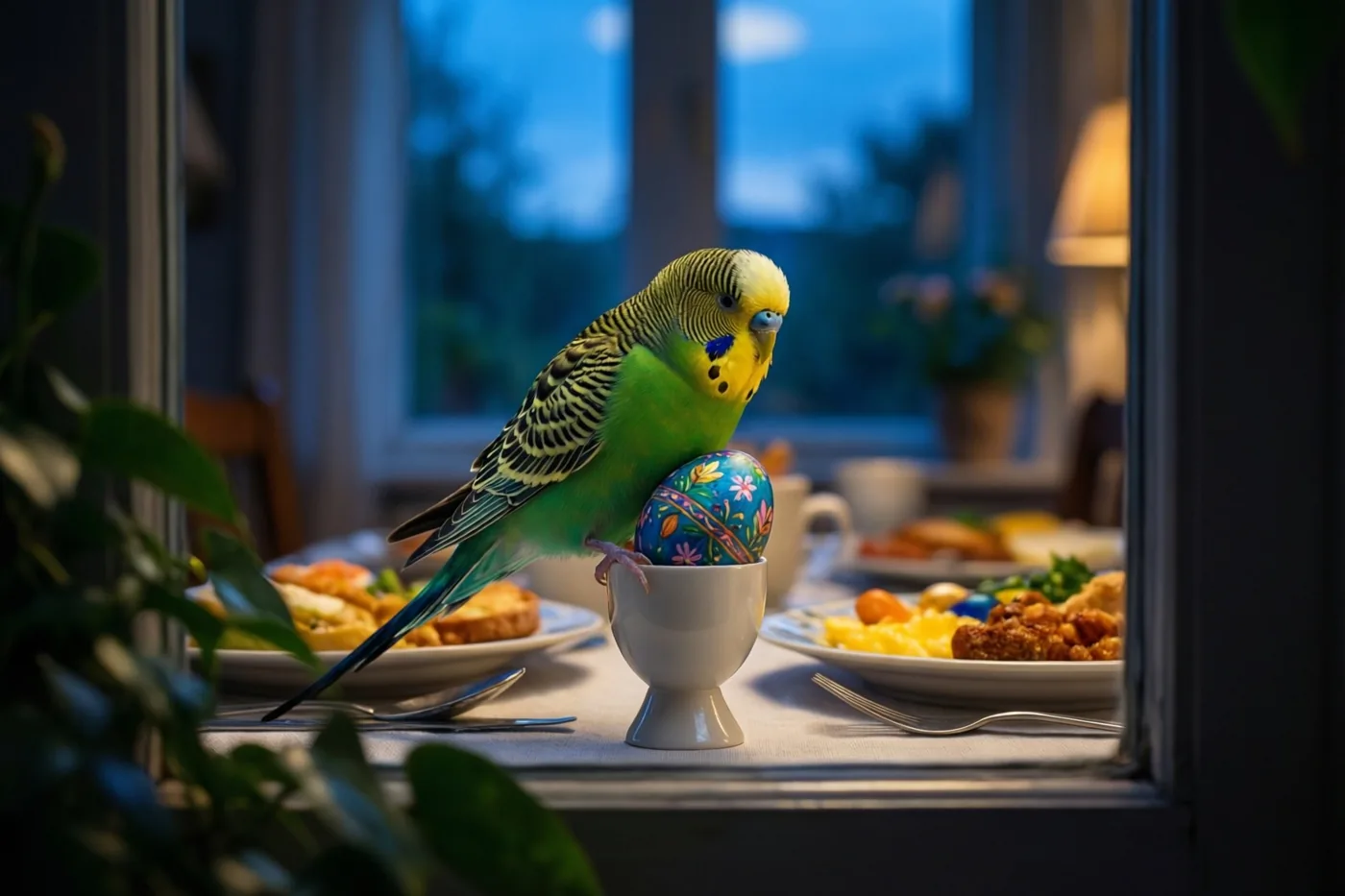 Een groengele grasparkiet zit op de rand van een wit eierdopje met een beschilderd paasei op een gedekte ontbijttafel, met blauwe schemering achter het raam.