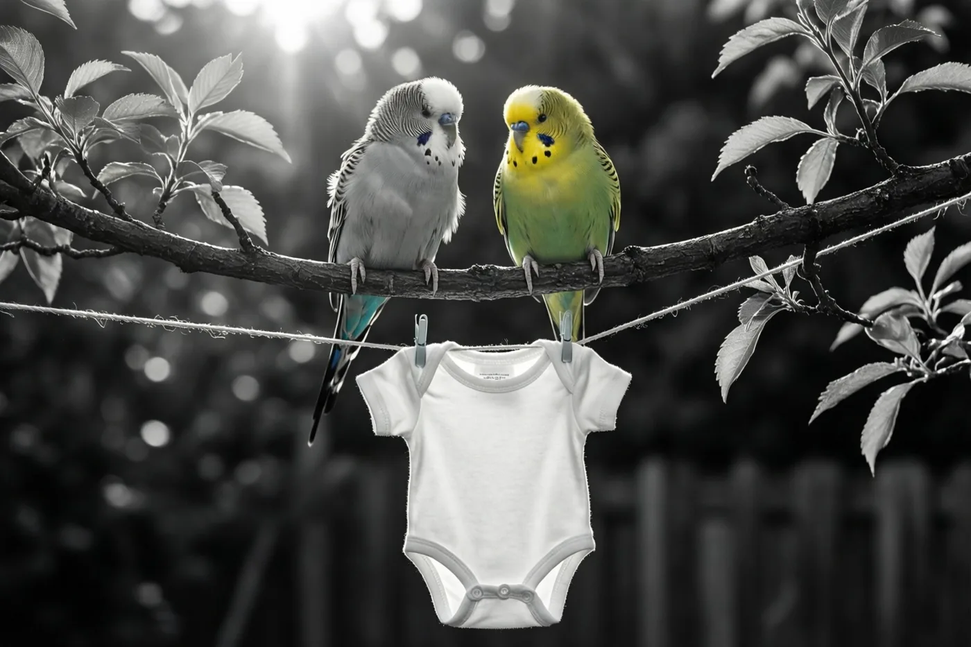 Twee grasparkieten zitten in fel zonlicht op een boomtak boven een wit babyrompertje aan een waslijn, tegen een onscherpe achtergrond.