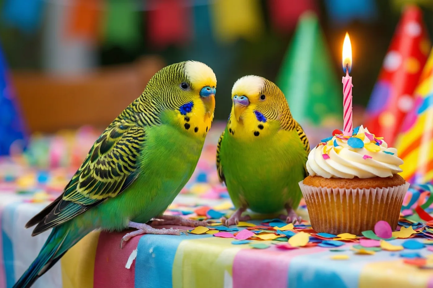 Twee groene en gele grasparkieten zitten op een kleurrijke tafel naast een cupcake met wit glazuur, gekleurde strooisels en één brandend kaarsje, met confetti rondom.