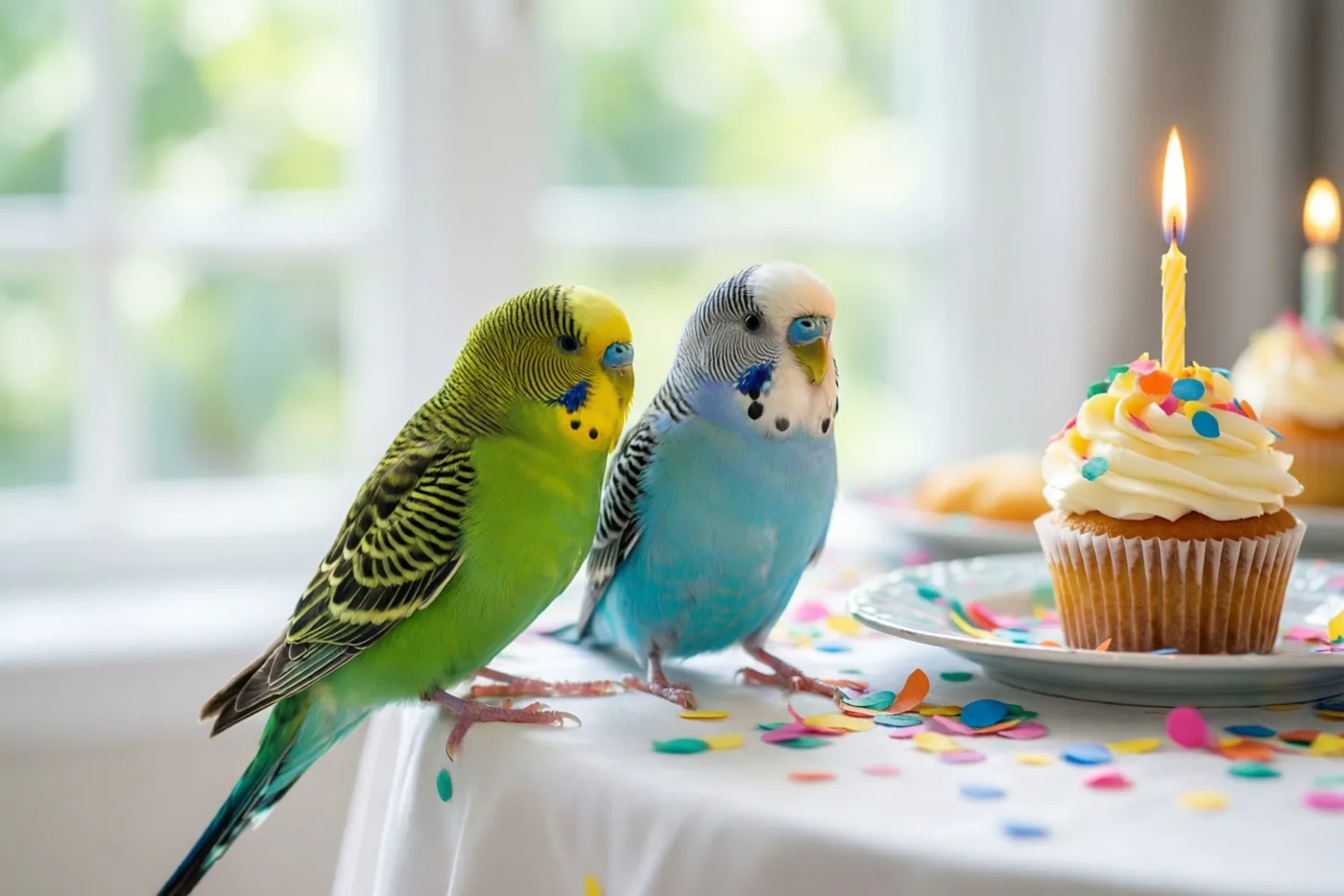 Twee grasparkieten zitten op een wit tafelkleed naast een cupcake met een brandend kaarsje en kleurrijke confetti, in zacht daglicht van een raam op de achtergrond.