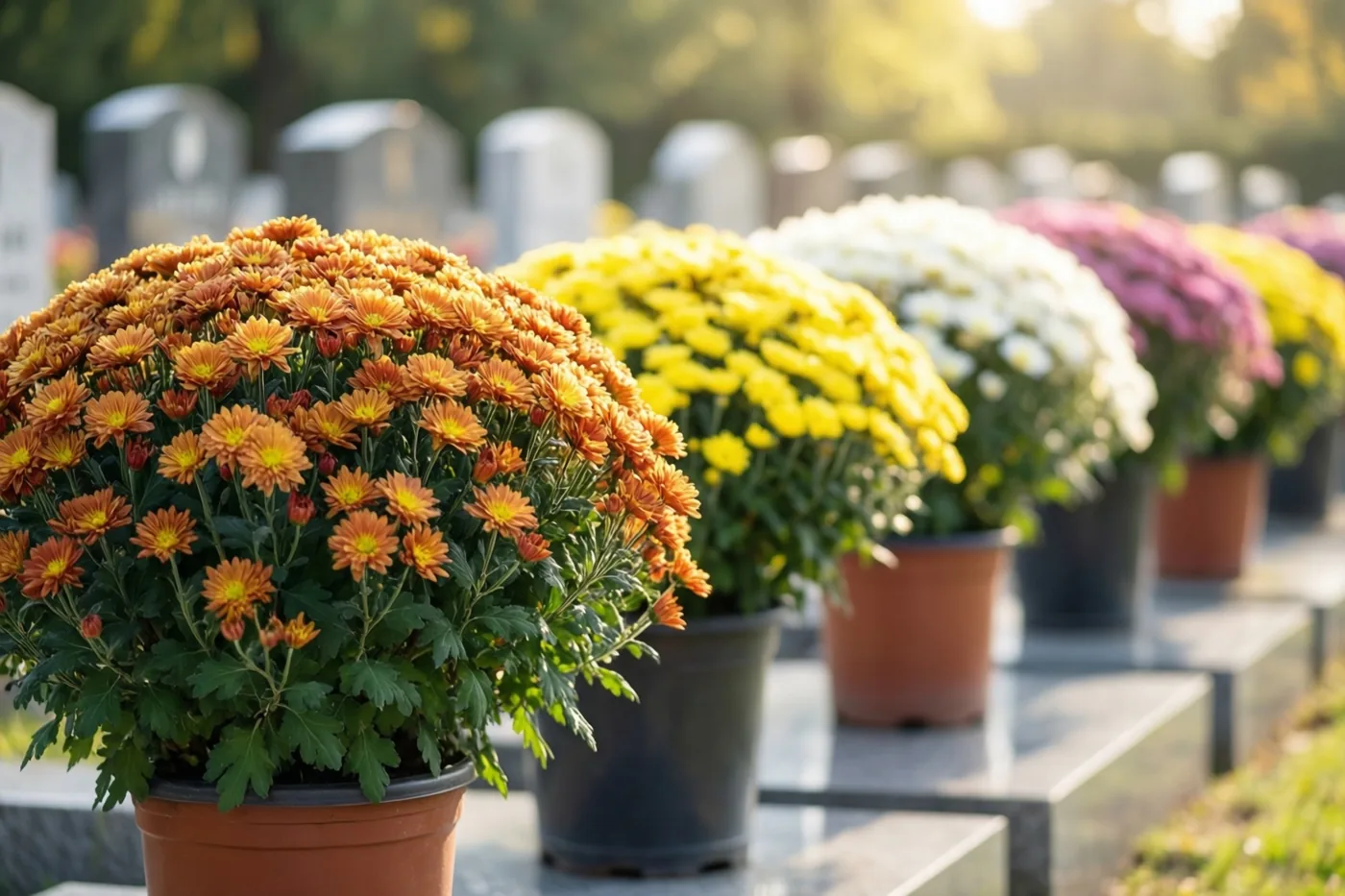 Een rij graven met telkens een pot chrysanten in een andere kleur ligt in zacht, warm namiddaglicht.