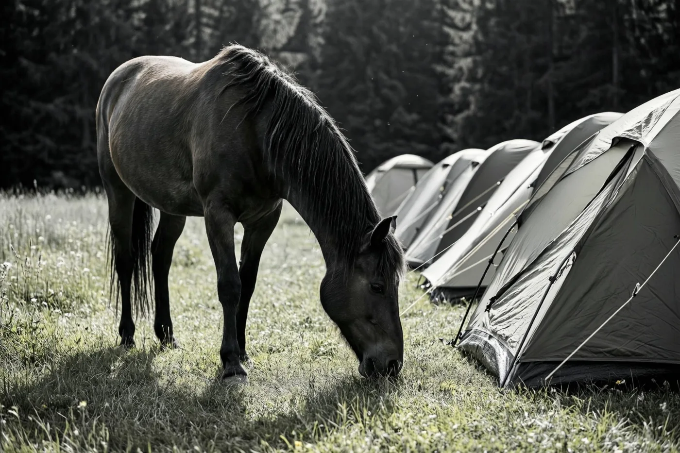 Op een zwart-witfoto graast een paard in een weide naast een rij kampeertenten, in een bosrijke omgeving.