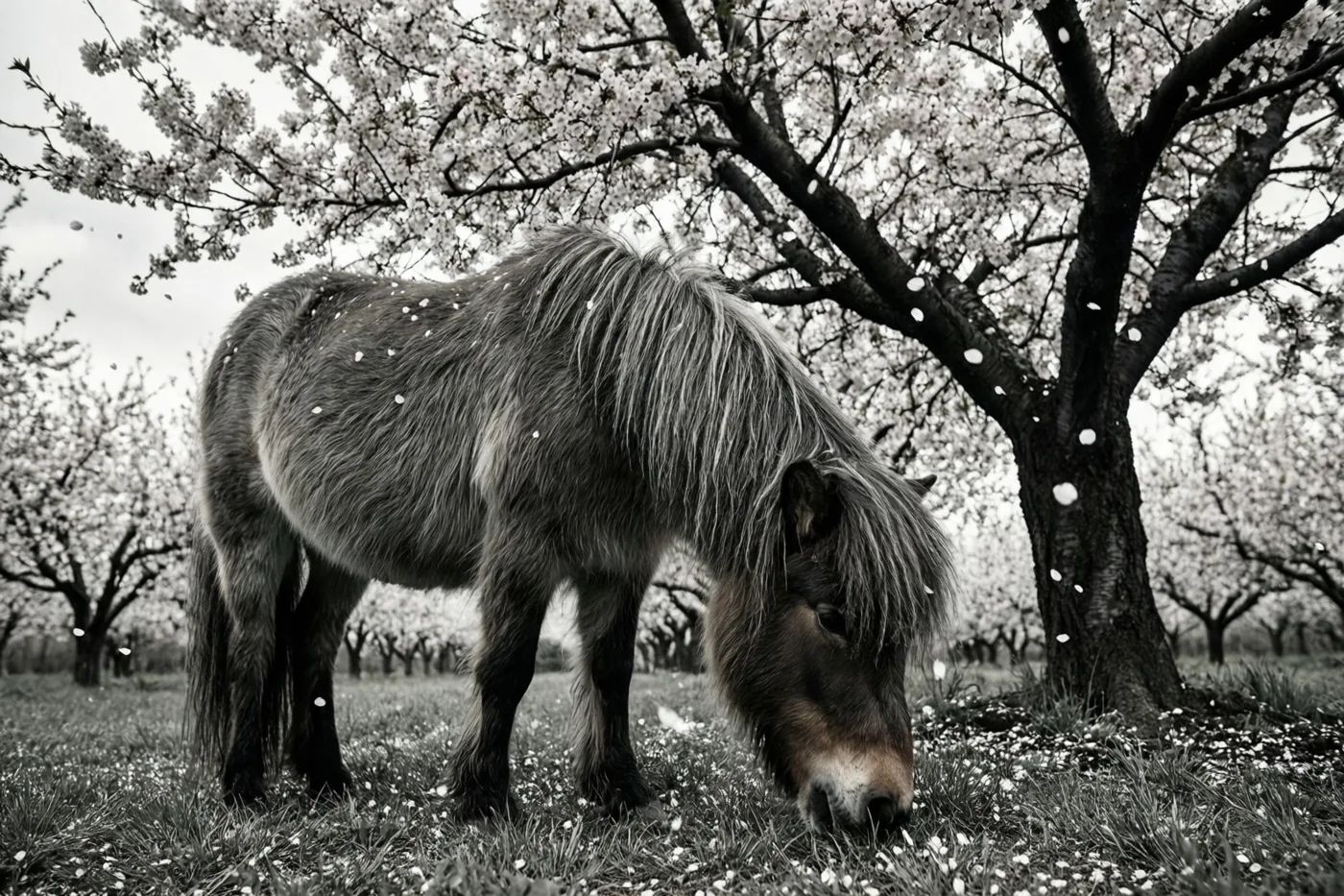 Op een zwart-witfoto graast een ruige pony in een boomgaard onder een bloeiende kersenboom terwijl bloemblaadjes om hem heen dwarrelen.