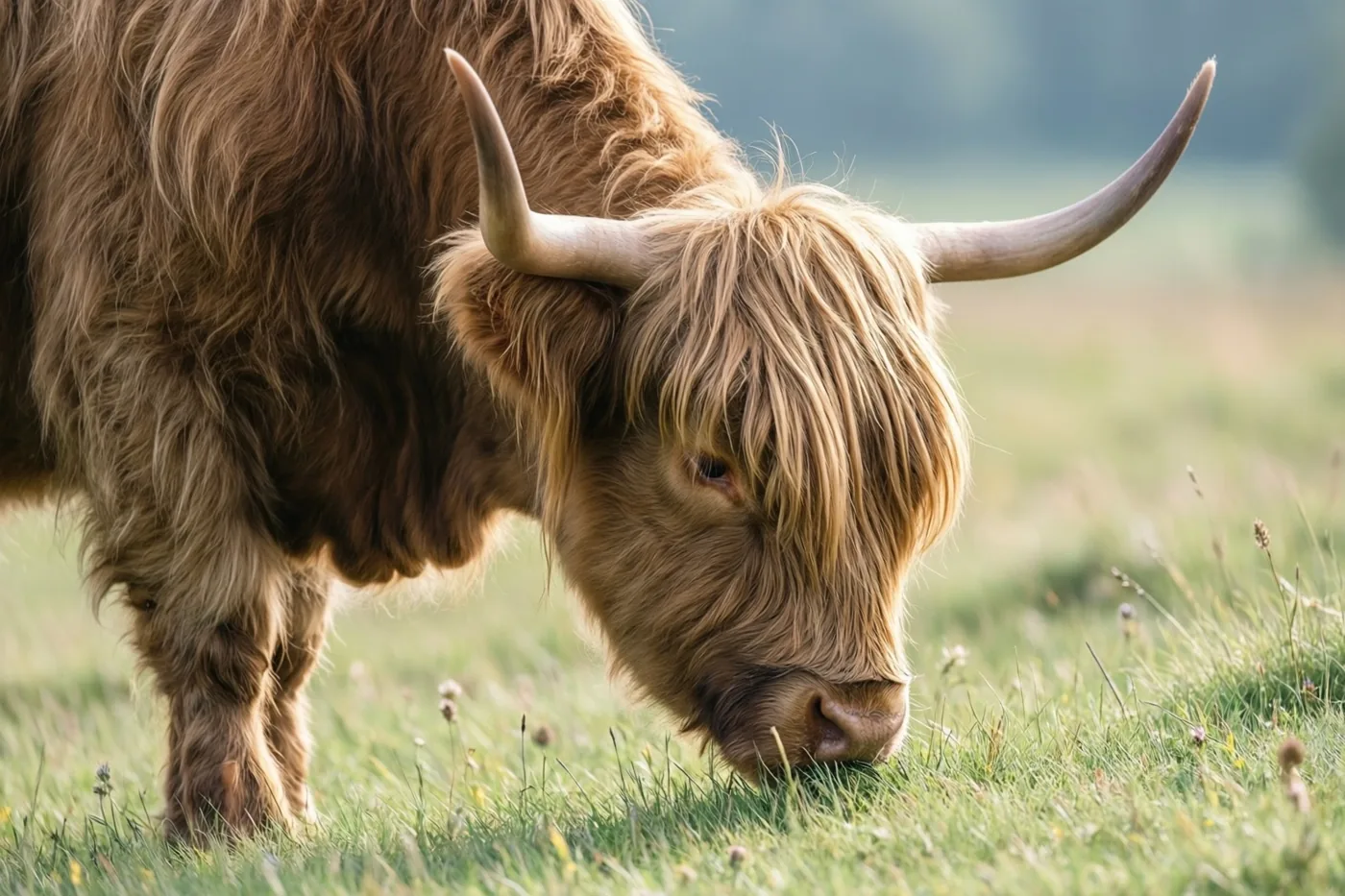Een ruige Schotse hooglander met een lange lok graast in een zonnige weide, in een beeld met bruine, groene en beige tinten.