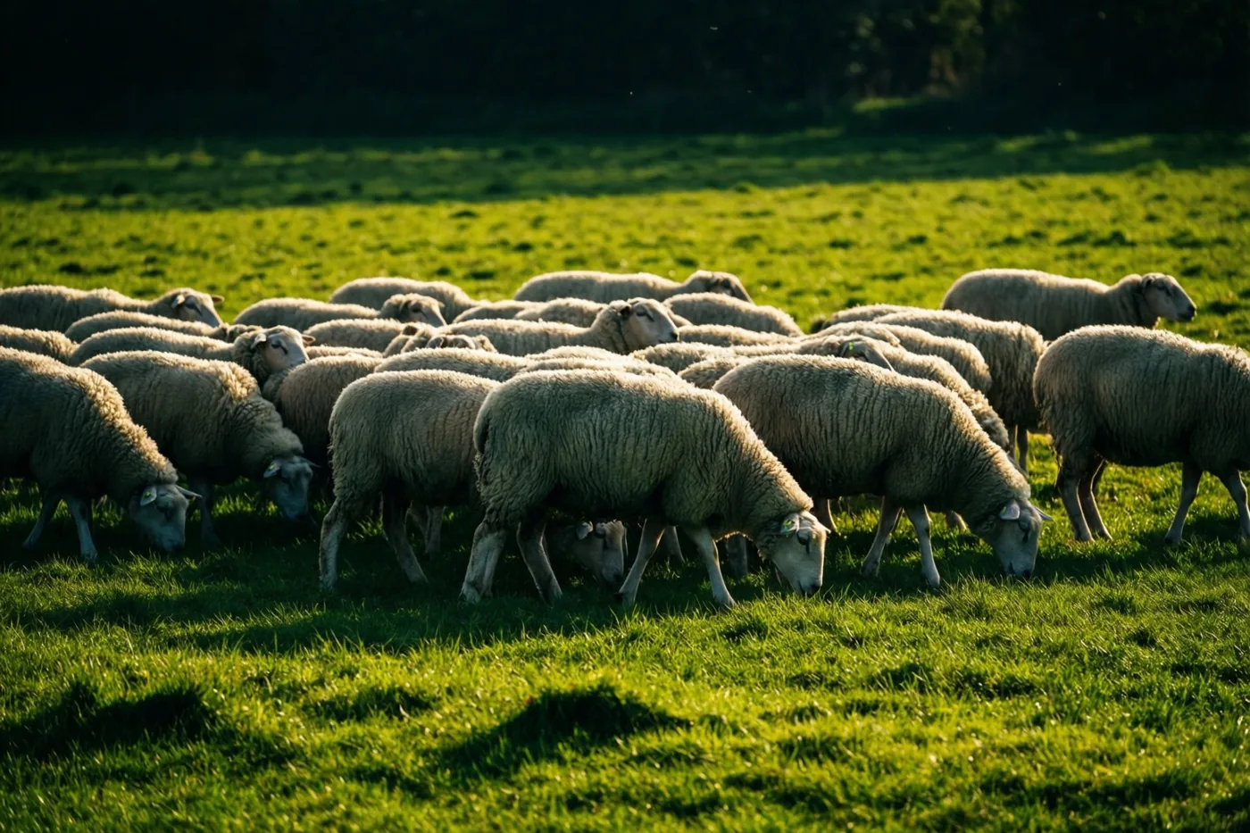 Een kudde schapen graast in een groene weide in het warme zonlicht.