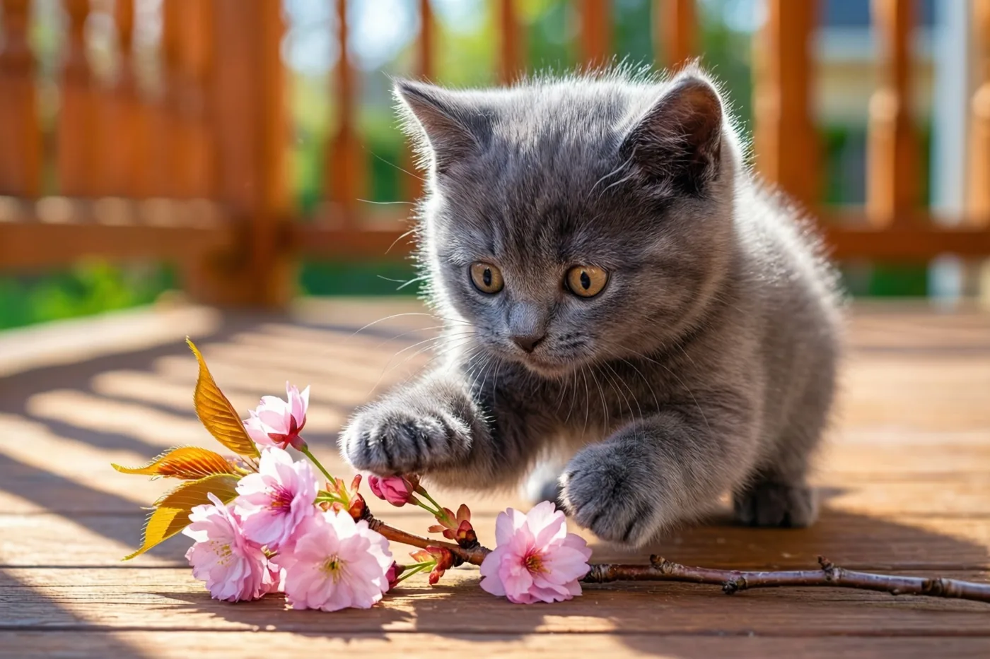 Een grijs katje tikt tegen een tak met roze kersenbloesems op een houten veranda in fel zonlicht, met een onscherpe achtergrond.
