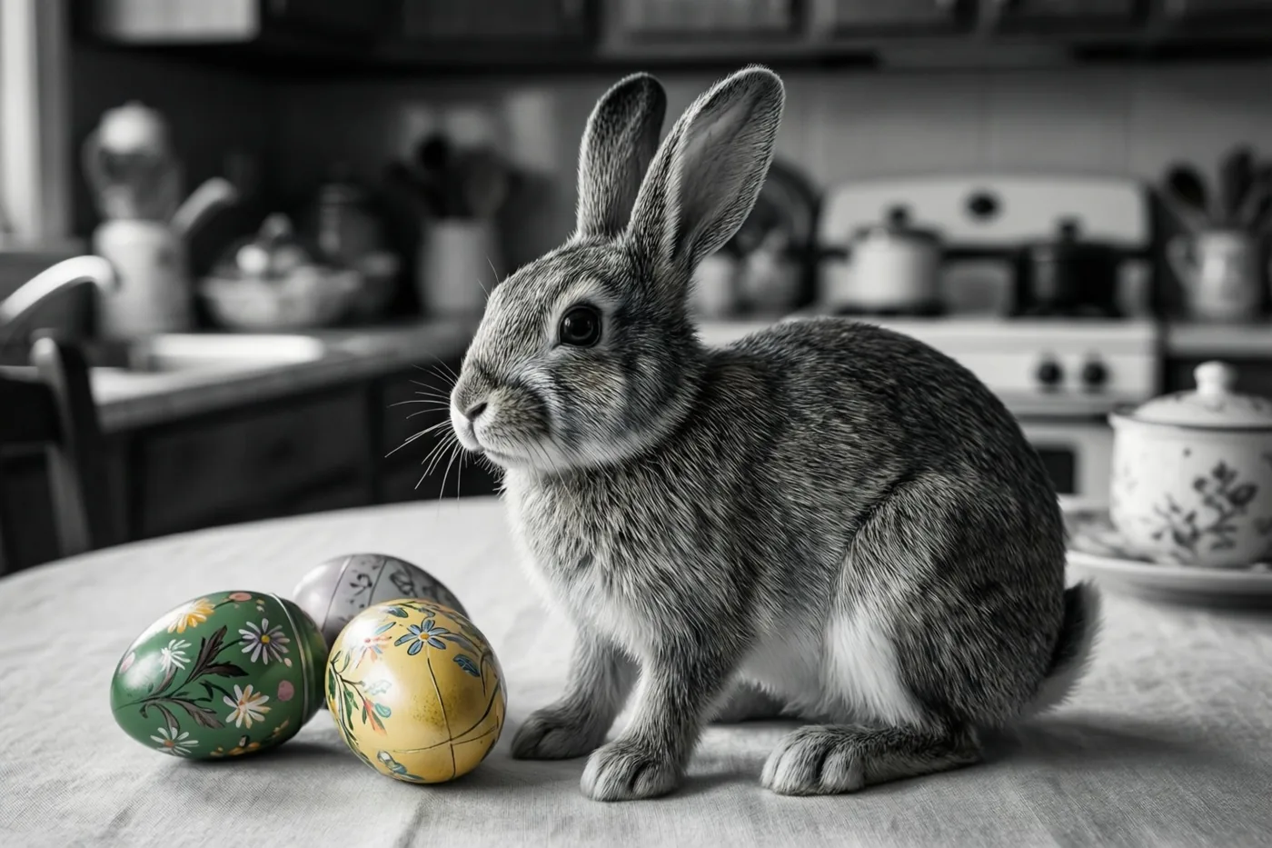 Een grijs konijn zit naast drie beschilderde paaseieren op een keukentafel in een jarenzestigkeuken, in een overwegend monochroom beeld waarin de eieren gekleurd zijn.