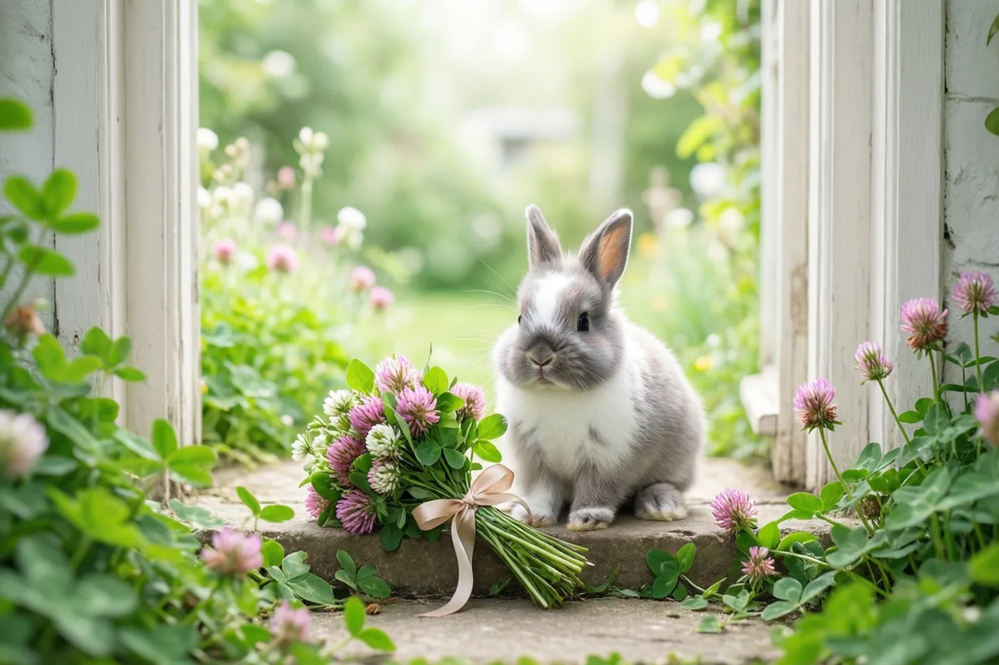 Een jong grijs-wit konijntje zit op een stenen tuintrede naast roze en witte klaverbloemen met een beige lint, omlijst door witte houten raamkozijnen en groen.