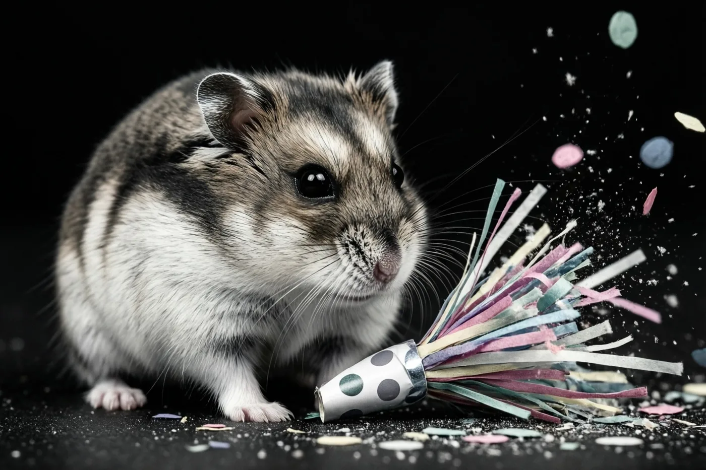 Een kleine grijs-witte hamster kijkt naar kleurrijke confetti naast een opengeknalde confettiknaller tegen een zwarte achtergrond.