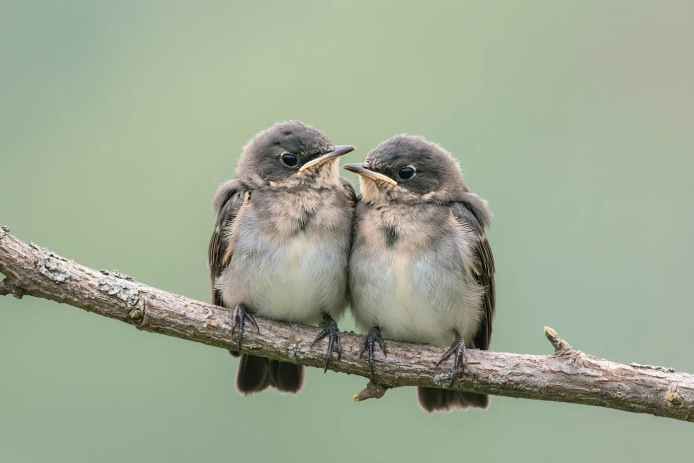 Twee jonge vogels met grijze en witte veren zitten dicht bij elkaar op een tak met een ruwe structuur tegen een wazige groene achtergrond.