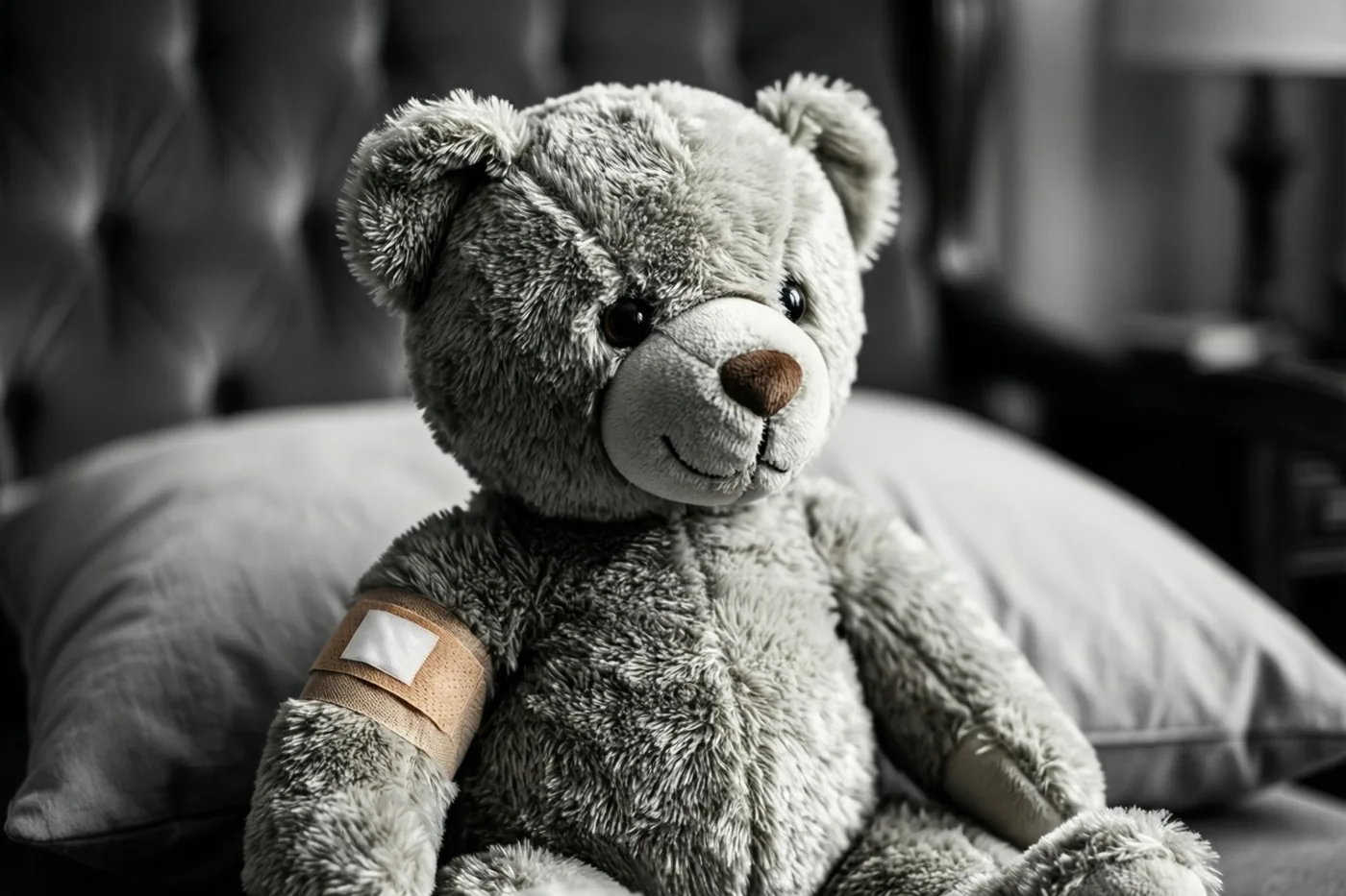Een grijze teddybeer met een klein verband aan zijn linkerarm zit op een kussen voor een donker gecapitonneerd hoofdbord, in een zwart-witfoto.