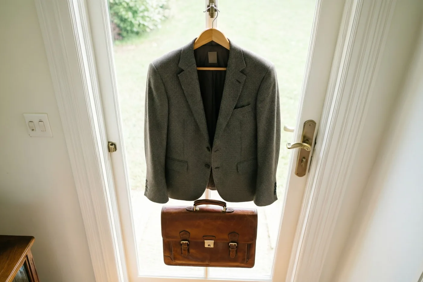 Een grijze getailleerde blazer op een houten kleerhanger en een bruine leren aktetas hangen aan een haak bij een witte deur, met daglicht door het glas van de deur.
