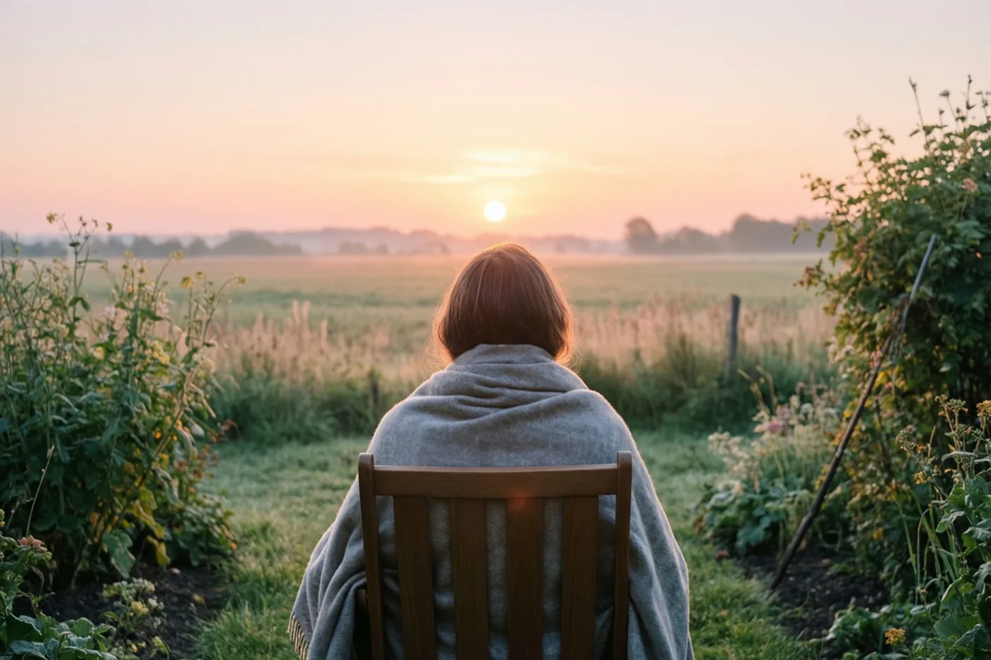 Een persoon met roodachtig haar zit van achteren gezien in een houten tuinstoel onder een grijze deken, met uitzicht op de opkomende zon boven een mistig veld in pasteltinten.