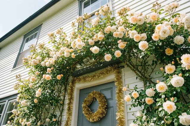 Een weelderige klimroos met roomwitte en lichtgele bloemen vormt een boog boven een donkergrijze boerderijdeur met een gouden glinsterslinger en een krans, in een witte gevel onder een heldere hemel.