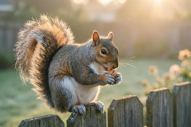 Een grijze eekhoorn met een pluimstaart zit op een houten hek en eet een noot in warm gouden ochtendlicht, met een onscherpe groene tuin op de achtergrond.