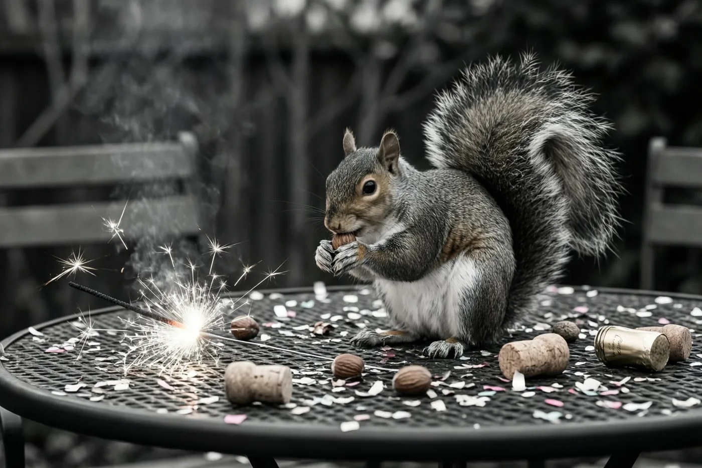 Een grijze eekhoorn knabbelt aan een noot op een zwarte metalen tuintafel tussen opgebrande sterretjes, champagnekurken en confetti, met wazige bomen en stoelen achter zich.