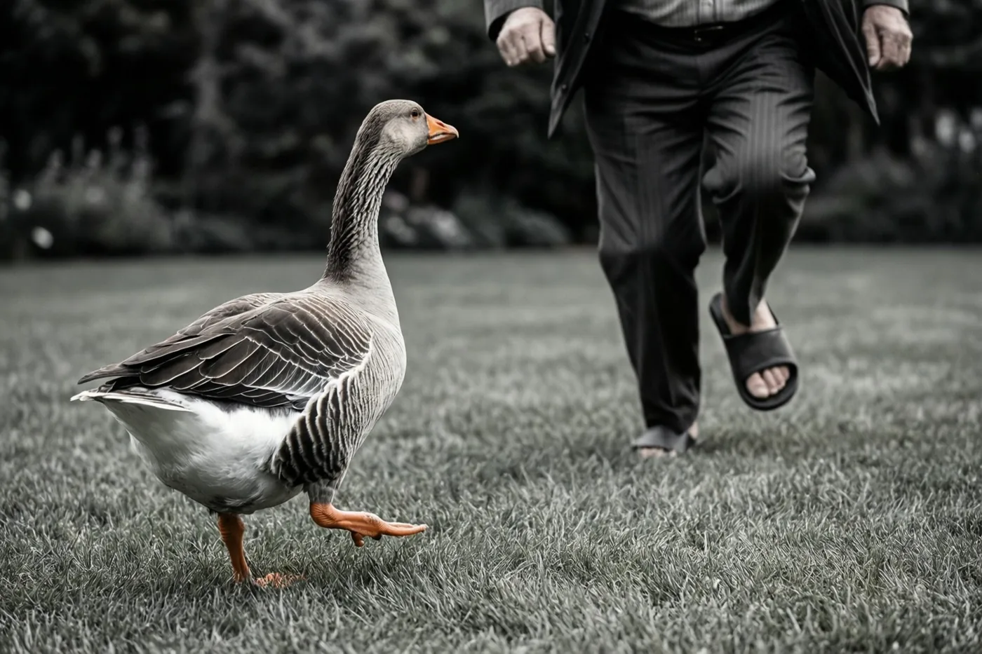 Een grijze gans met oranje snavel en poten lijkt een wegrennende oudere man in donkere broek en zwarte pantoffels te achtervolgen op het gras, waarbij vooral het oranje en de huidtinten kleur behouden.