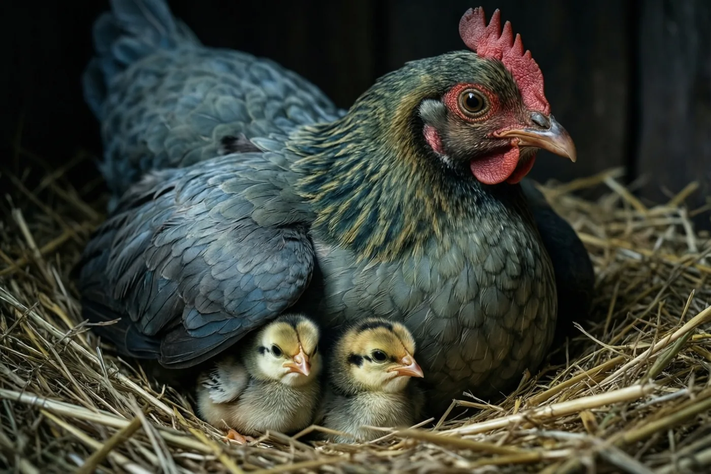 Een donkergrijze hen ligt in het stro met twee gele kuikens onder haar vleugel, in een schemerige landelijke omgeving met warm licht.