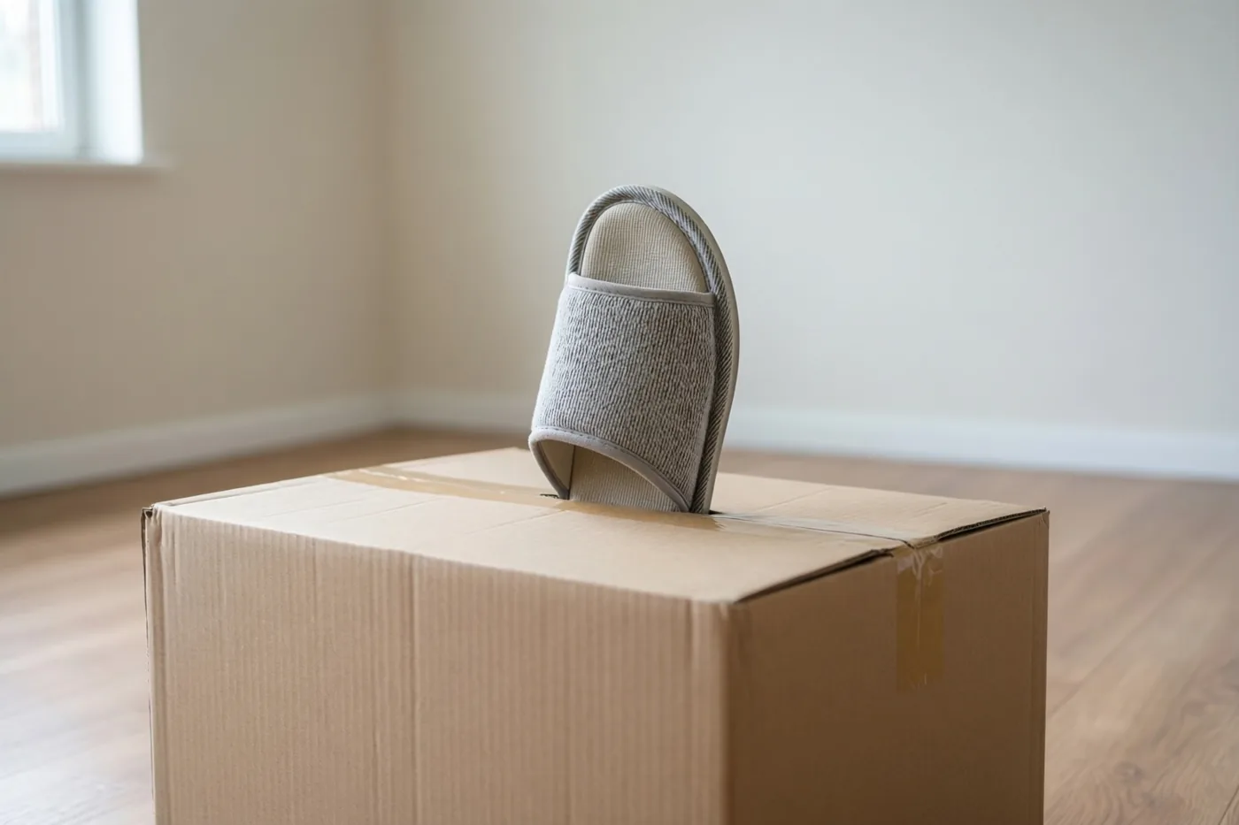 Een grijze pantoffel steekt boven uit een gesloten kartonnen verhuisdoos op een houten vloer in een lege kamer met zacht licht.