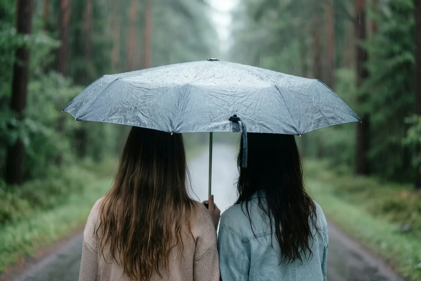 Twee mensen met lang haar wandelen van de kijker weg onder één grijze paraplu over een smal pad door een regenachtig bos in gedempte groene en grijze tinten.